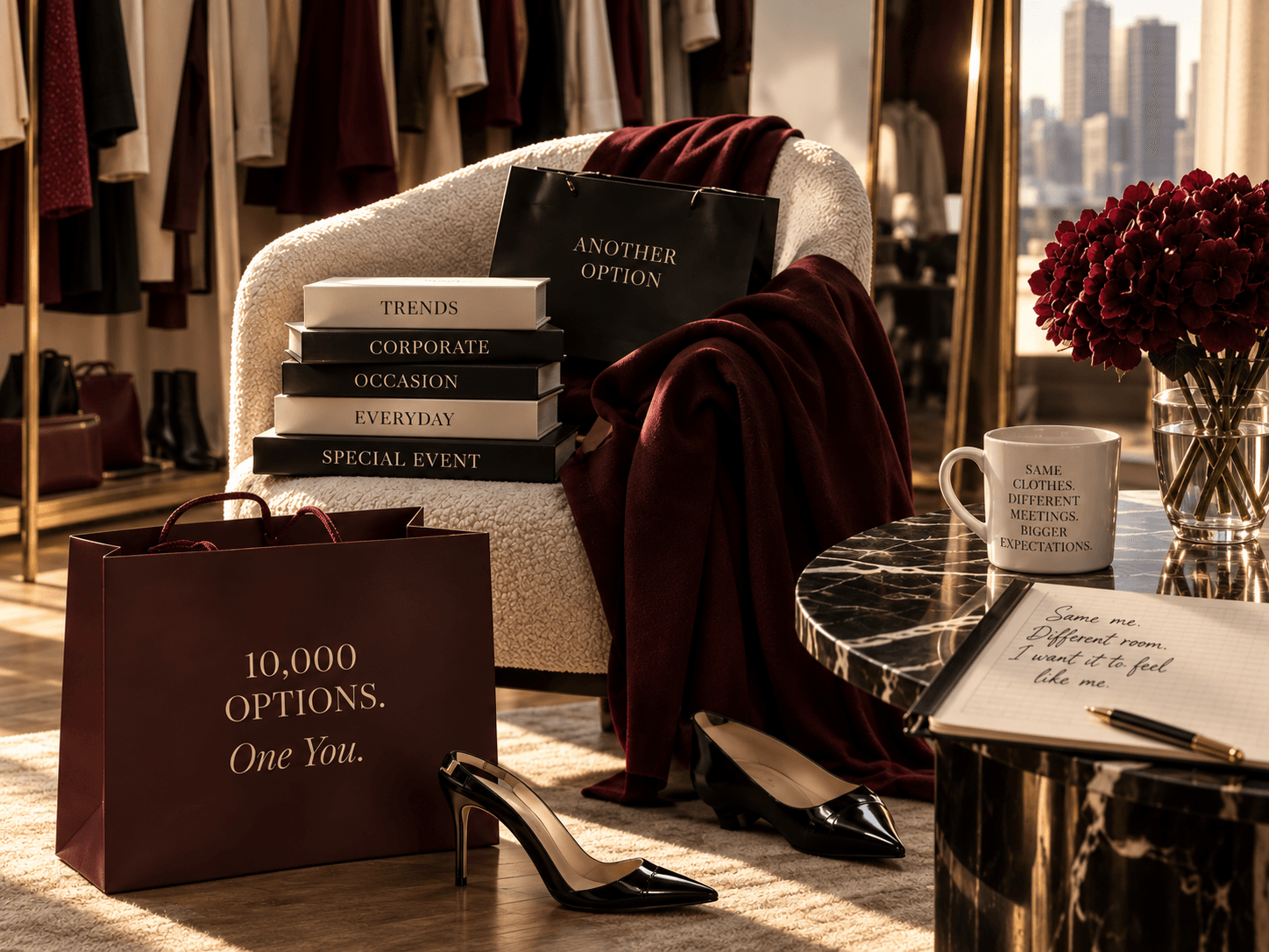 A wine-toned wardrobe scene with curated garments, styling boxes, heels, flowers, and a notebook.