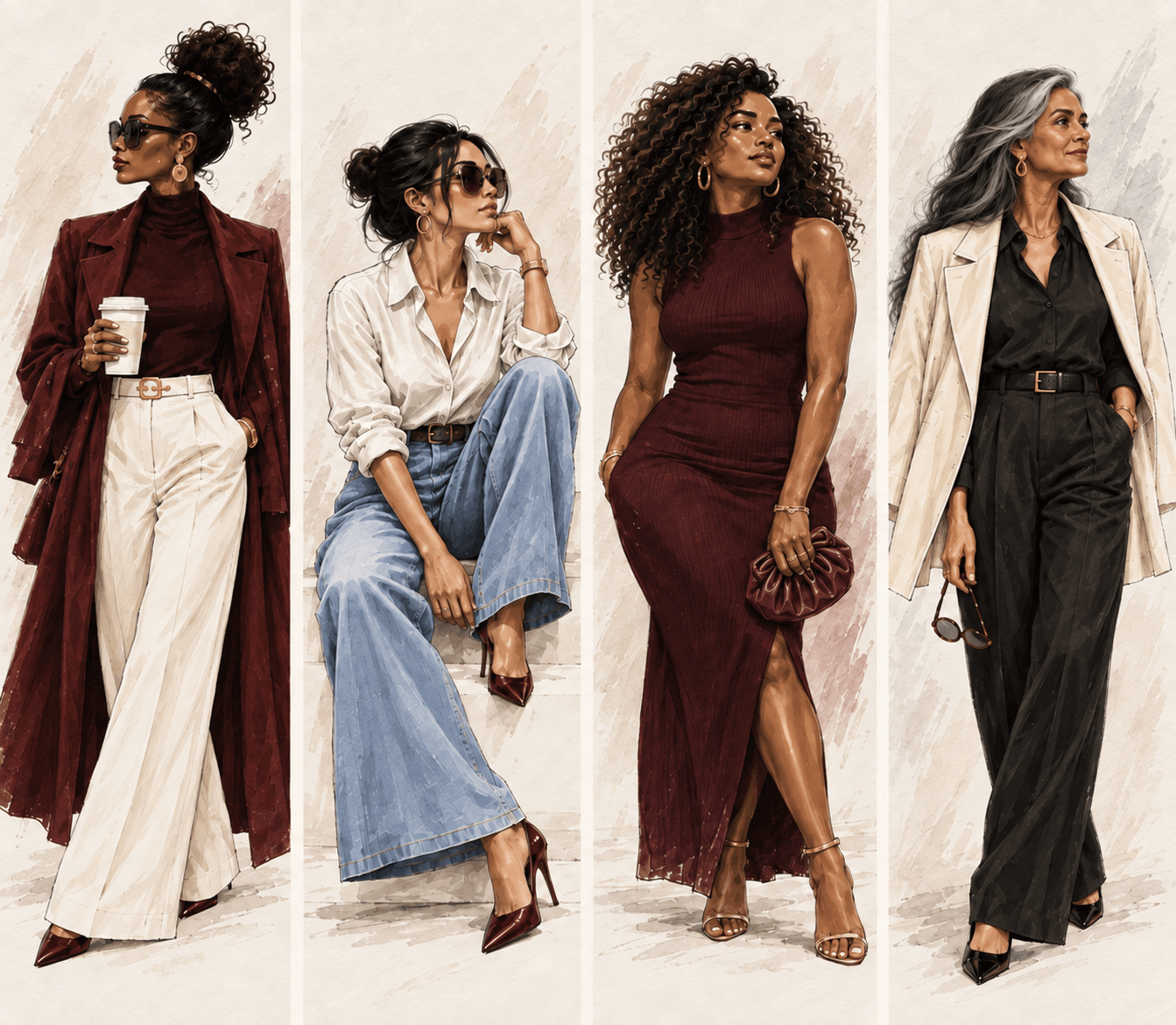 A four-panel fashion illustration of women leaders of varied ages, backgrounds, body types, and personal styles, including an older Indian woman.