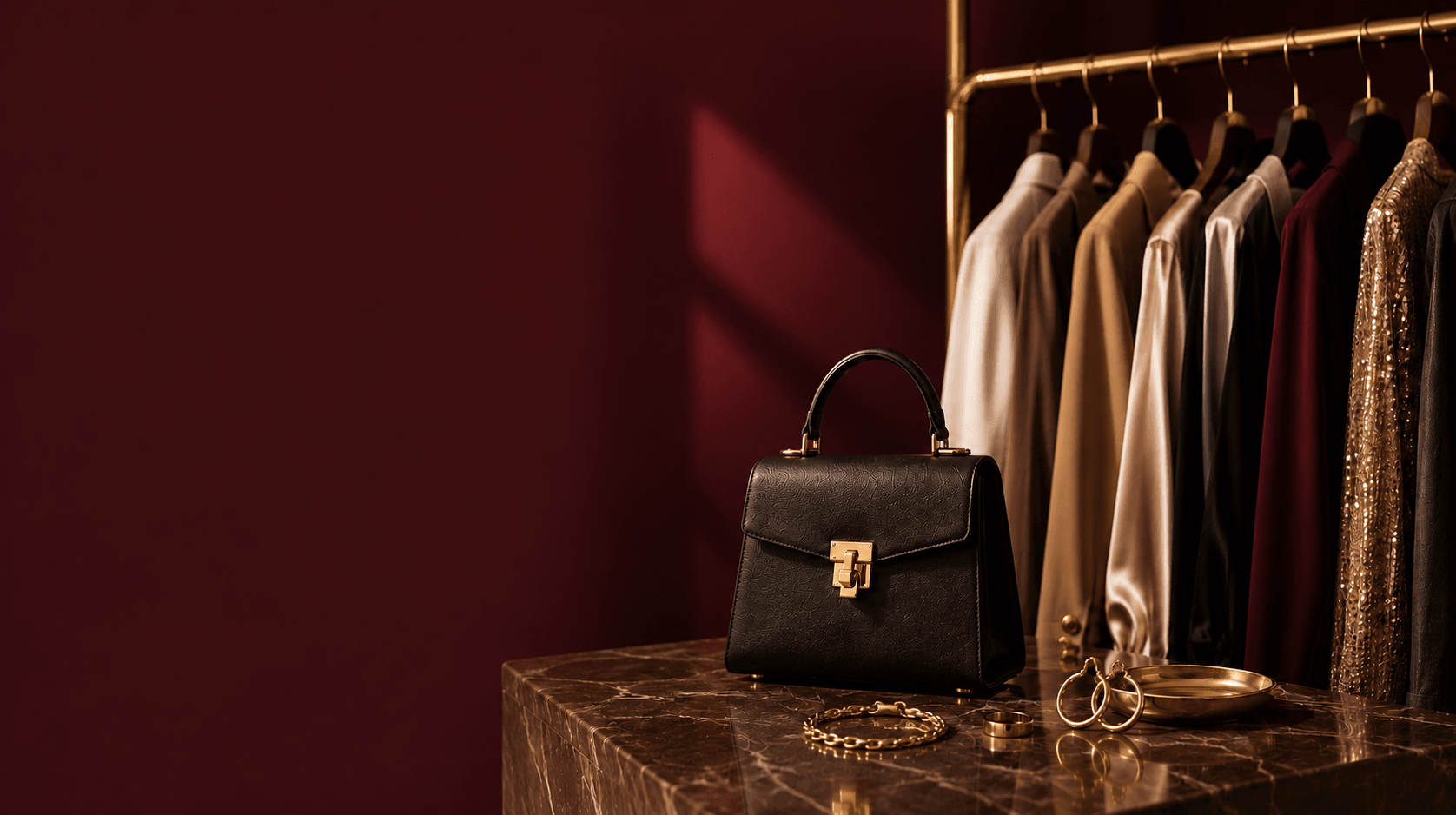 A curated rail of garments with a structured handbag and gold accessories on a wine backdrop.